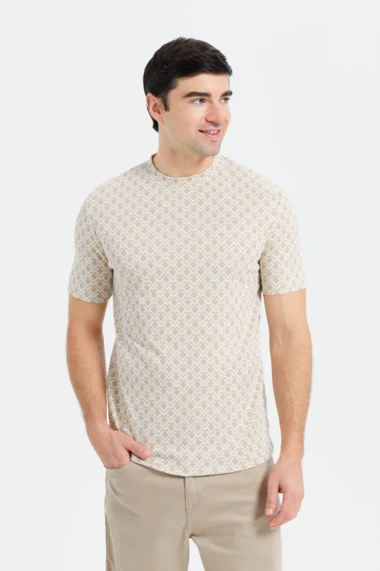 Men Beige Jacquard T-Shirt sold by Redtag