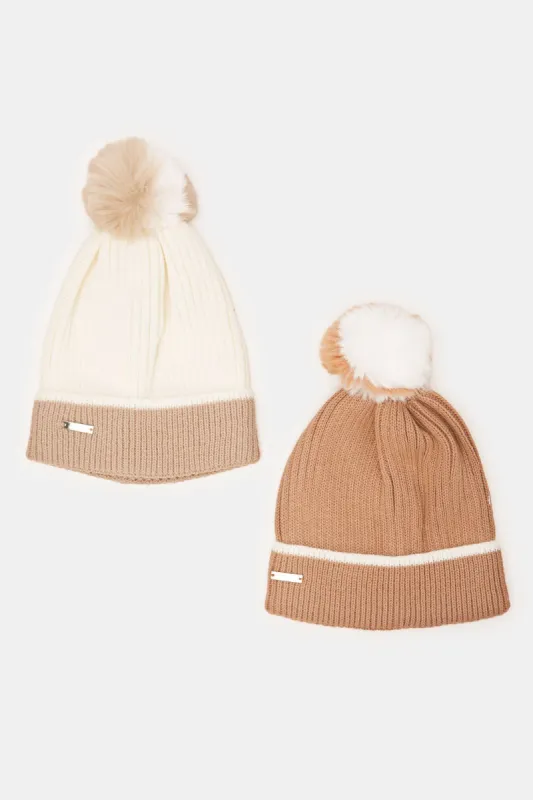 Women White And Beige Knitted Cap Set (Pack of 2) sold by Redtag