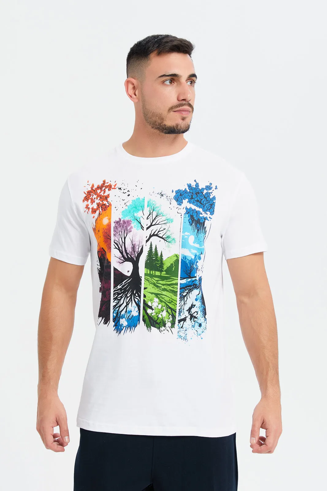 Men White Seasons Print Graphic T-Shirt sold by Redtag