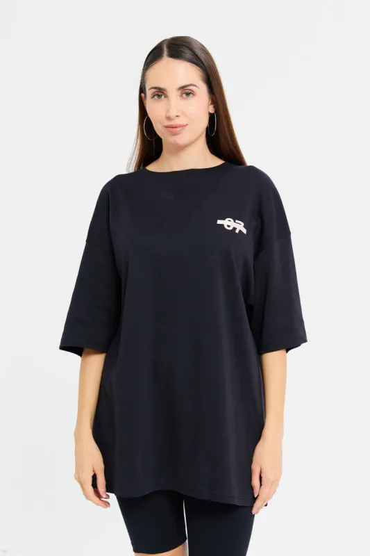 Women Black Printed Oversize T-Shirt sold by Redtag