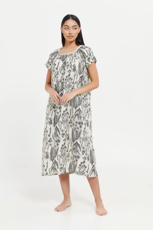Women Ivory Printed Nightgown sold by Redtag