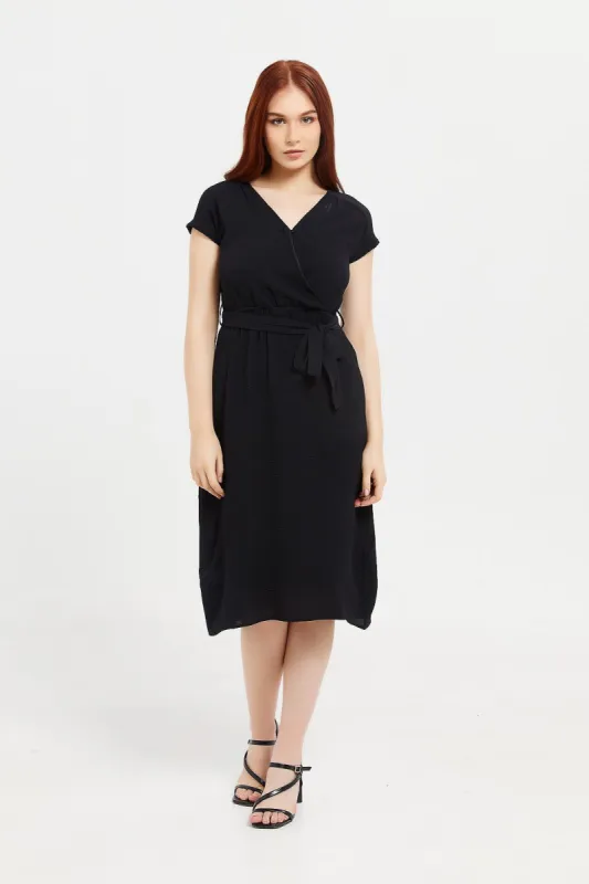 Women Black Belted Midi Wrap Dress sold by Redtag