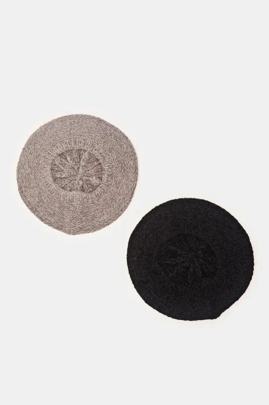 Women Black And Beige Embellished Knitted Cap (Pack of 2) sold by Redtag