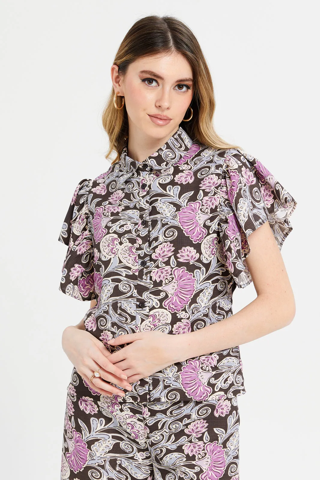 Women Brown And Lilac Printed Blouse sold by Redtag