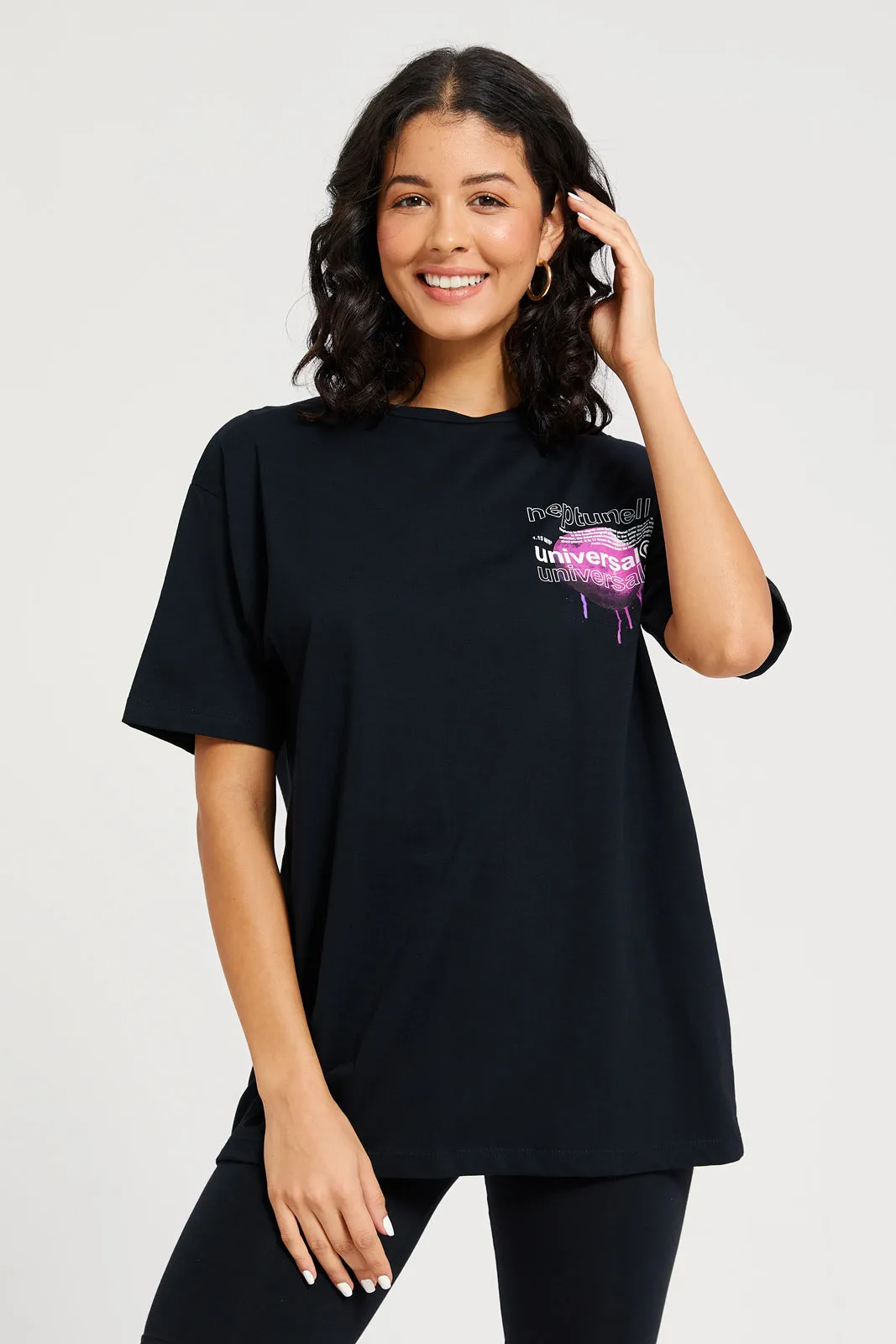 Women Black Universe Oversized Printed T-Shirt sold by Redtag