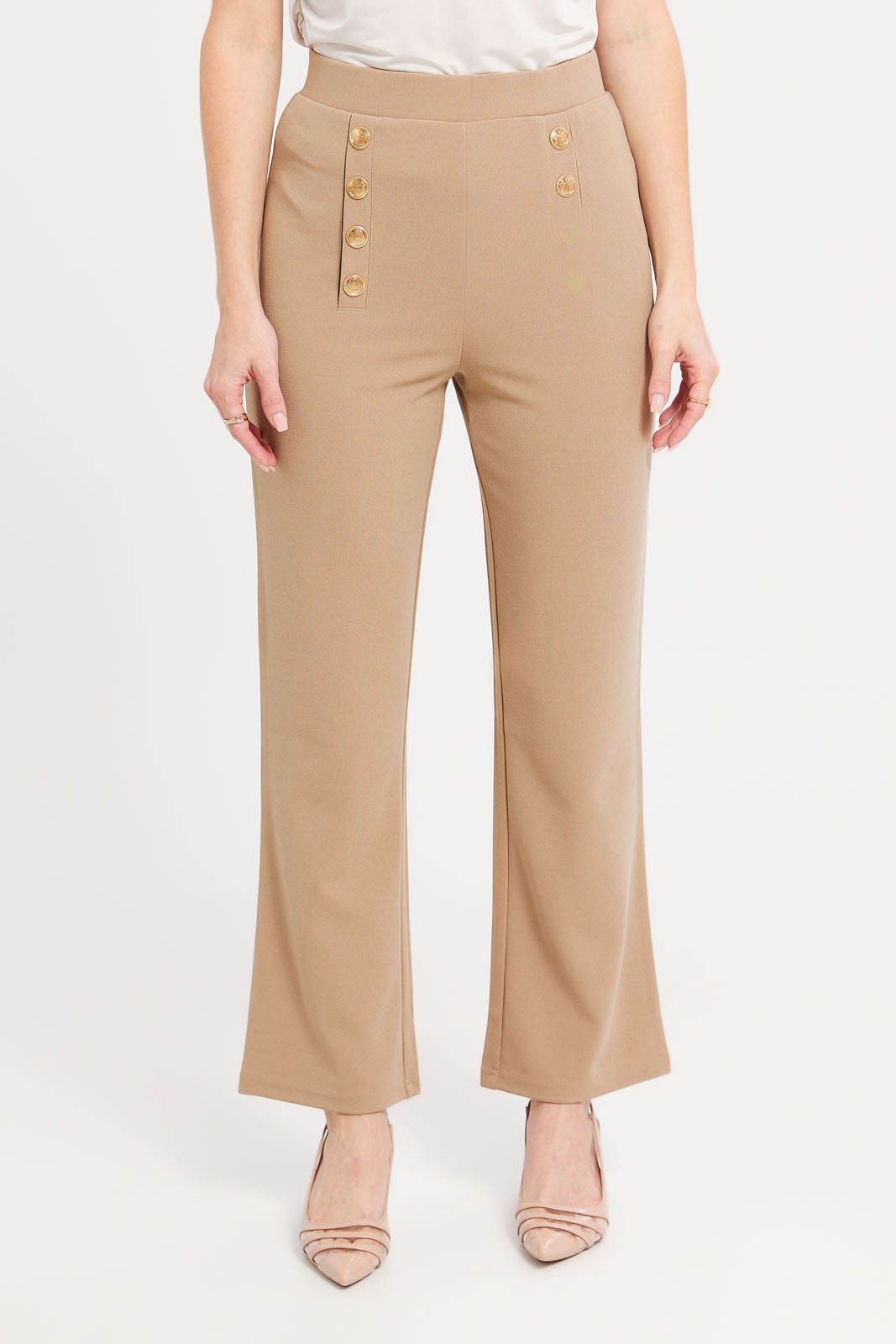 Women Beige Straight Leg Side Button Trouser sold by Redtag