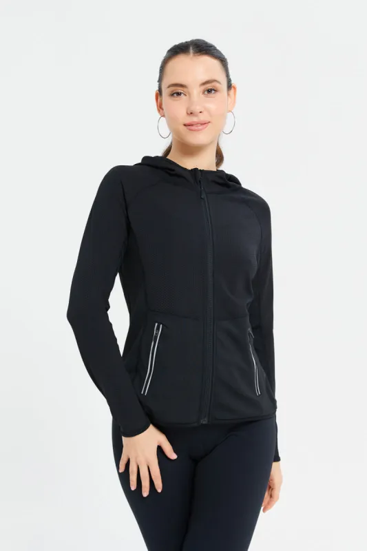 Women Black Hooded Zipper Sweatshirt sold by Redtag