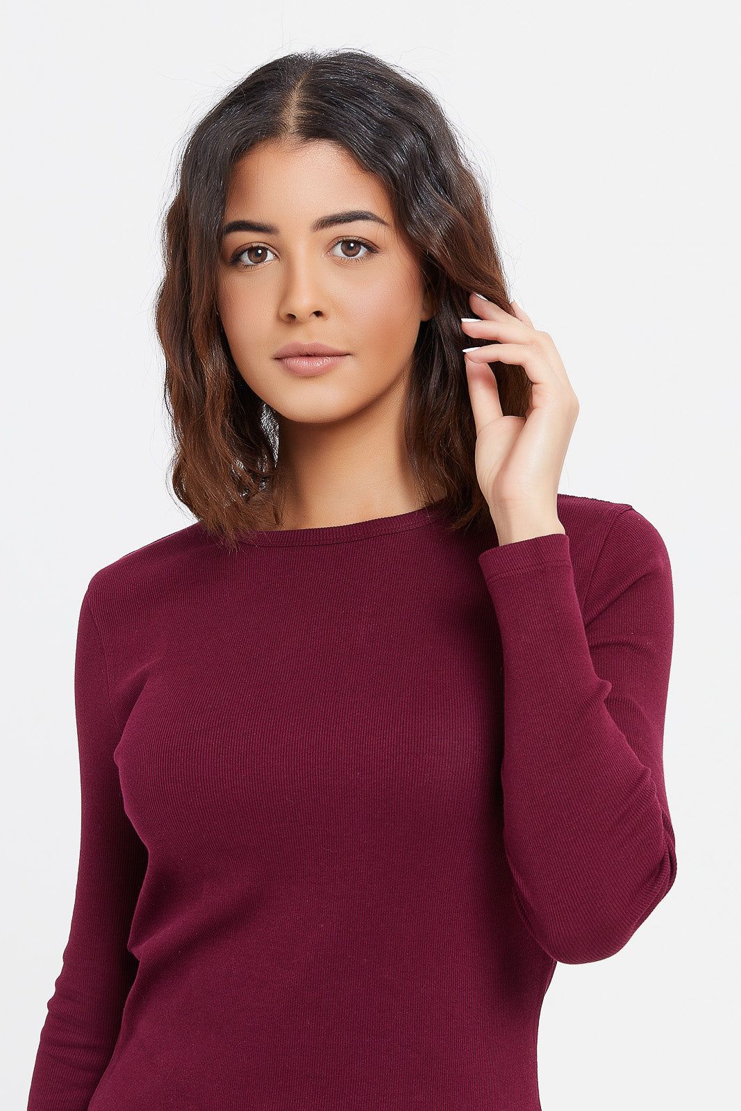 Women Burgundy Rib Round Neck T-Shirt sold by Redtag product image thumbnail 4