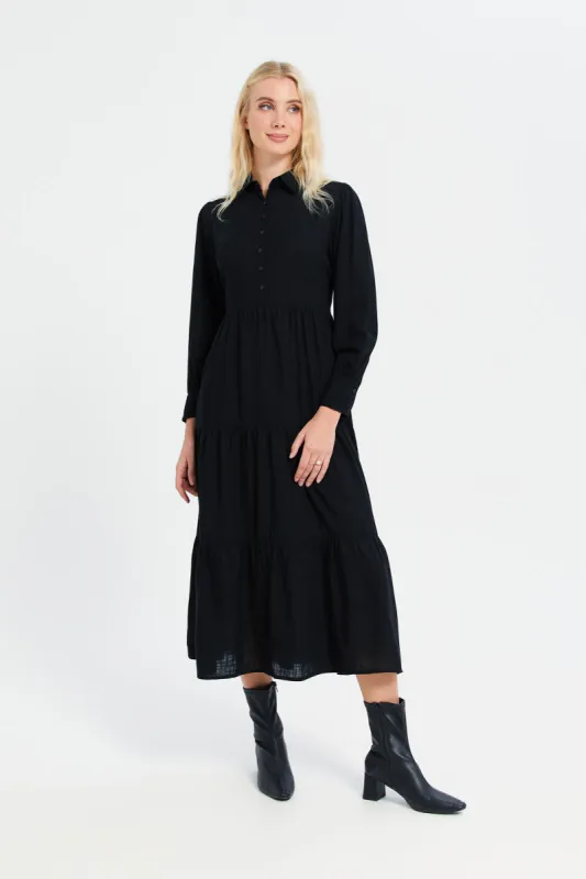 Women Black Shirt Tier Dress sold by Redtag