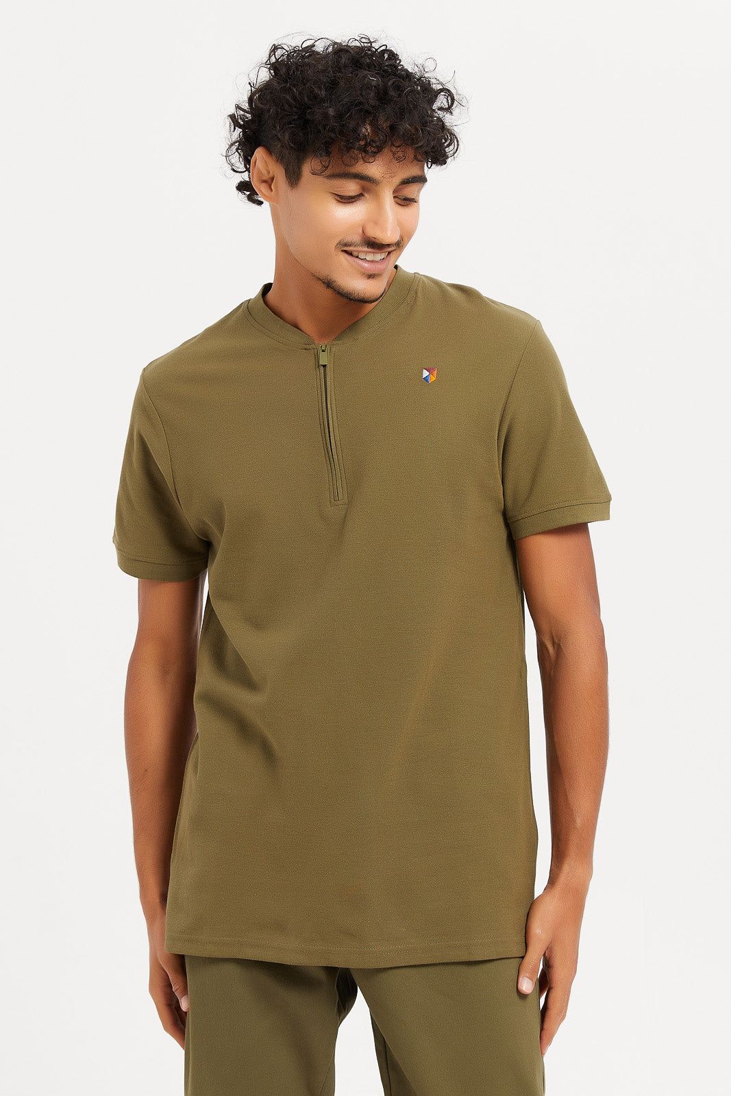 Men Green Plain Henley Collared Polo Shirt sold by Redtag