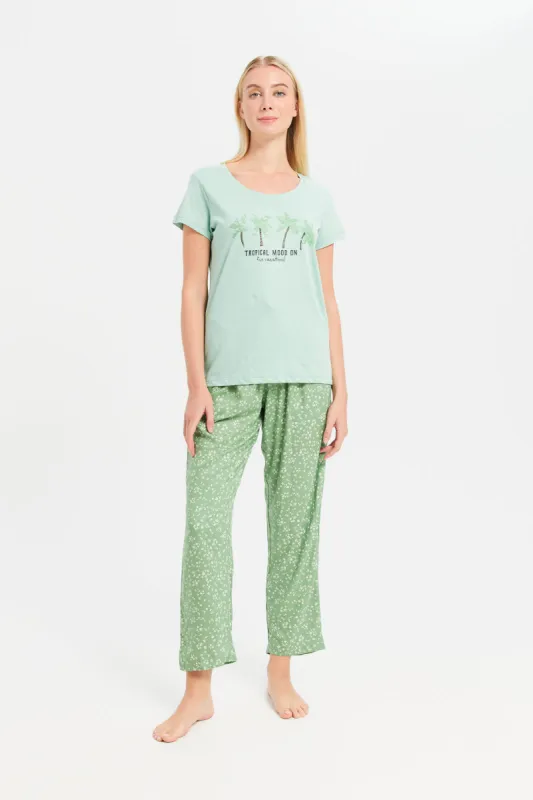 Women Mint And Green Printed Pajama Set (2 Piece) sold by Redtag