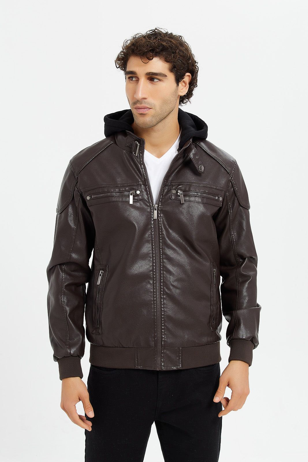 Men Brown Hooded Biker Jacket sold by Redtag