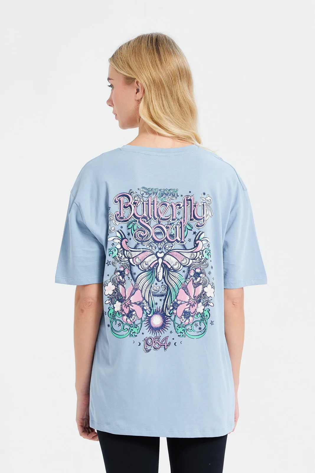 Women Blue Oversize Biker Back Print T-Shirt sold by Redtag product image thumbnail 3