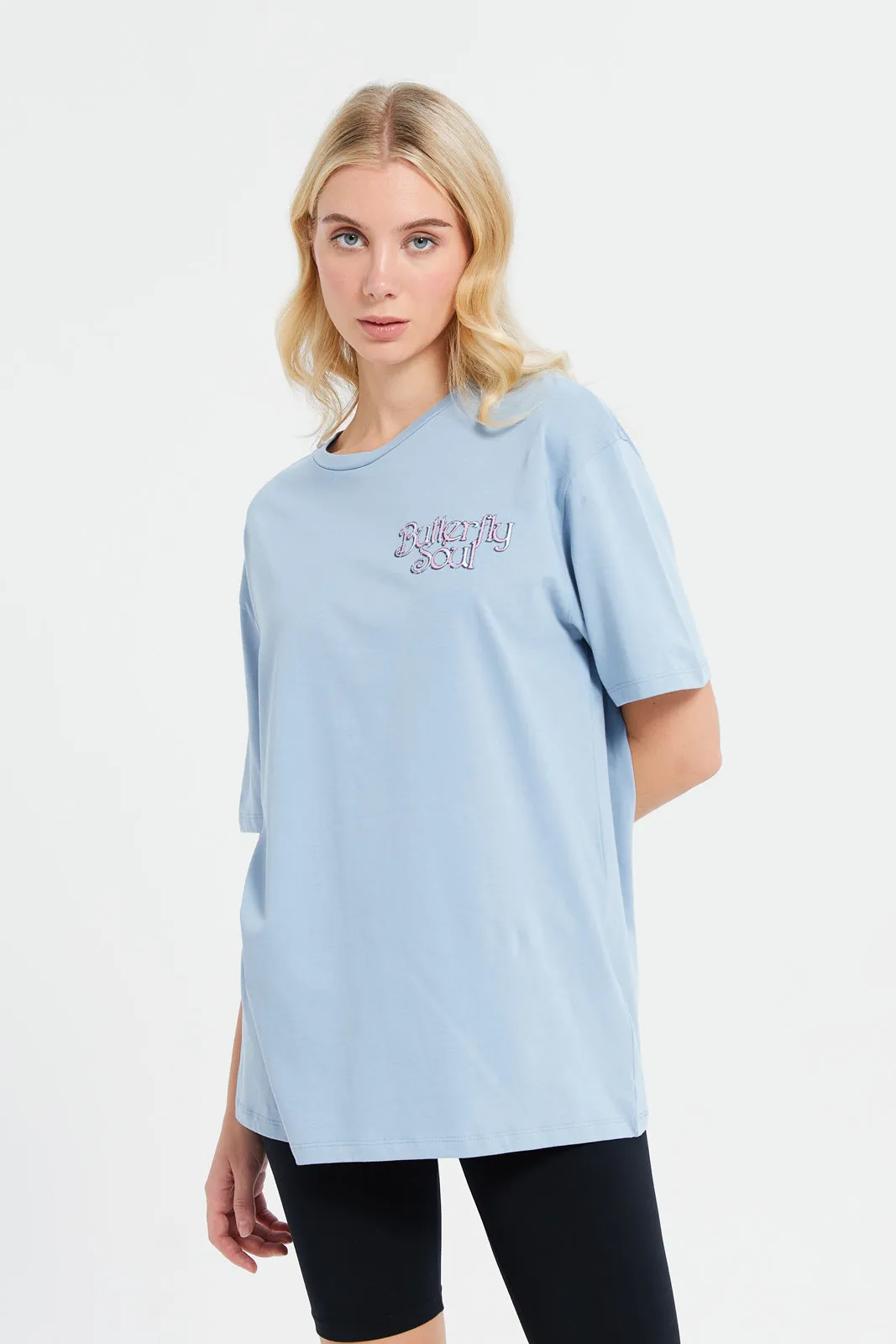 Women Blue Oversize Biker Back Print T-Shirt sold by Redtag