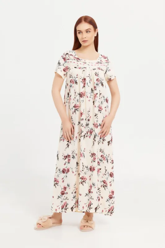 Women Ivory Printed Short Sleeves Nightgown sold by Redtag