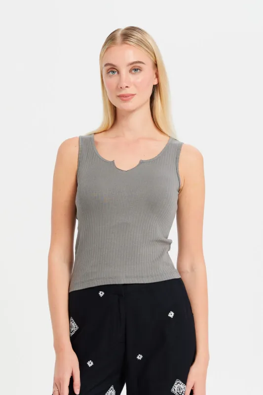 Women Olive Ribbed Vest sold by Redtag