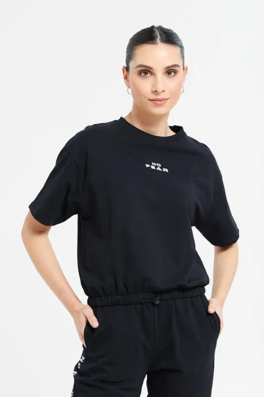 Women Black Short Sleeve Sweatshirt With Elasticated Bottom sold by Redtag