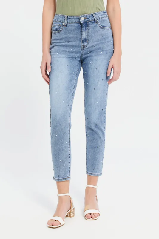 Women Blue Embellished Straight Fit Jeans sold by Redtag