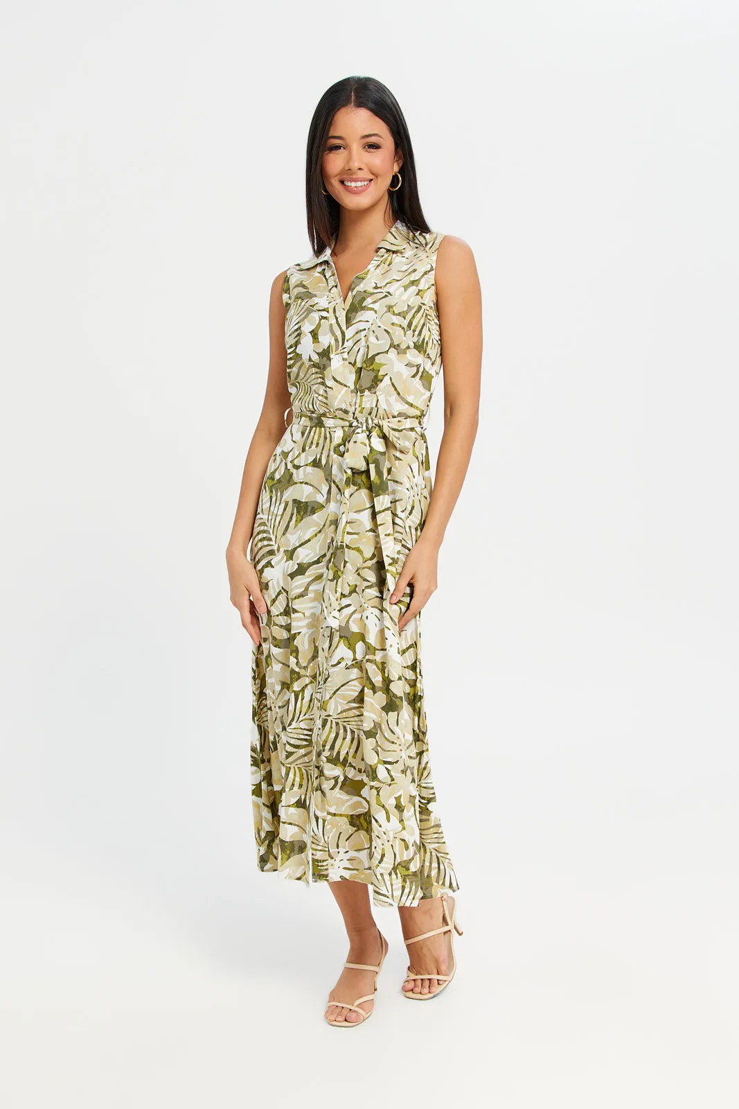 Women Beige Sleeveless Belted Dress sold by Redtag