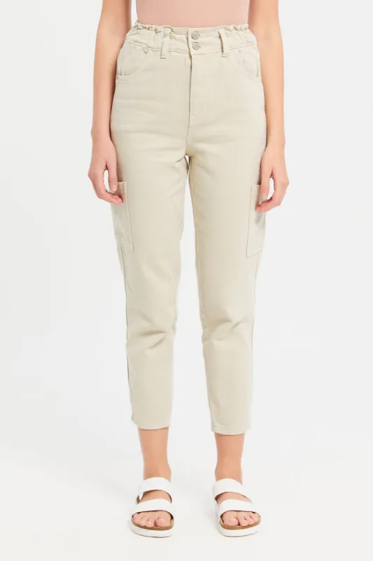 Women Beige Paper Bag Waist Jeans sold by Redtag