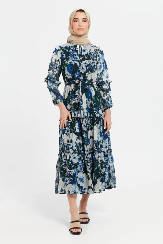 Women Blue Floral Print Maxi Dress Wit Belt sold by Redtag