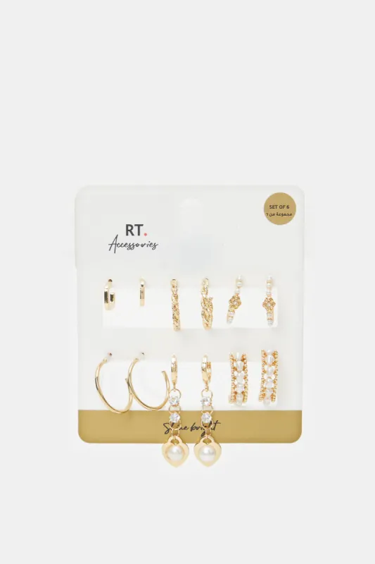 Women Gold Embellished Earrings Set (6 Pairs) sold by Redtag