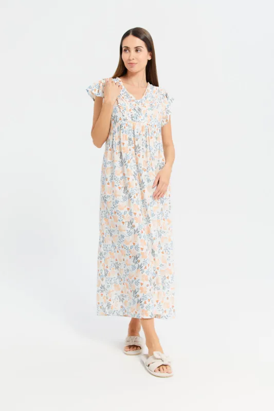 Women White Printed Cap Sleeves Nightgown sold by Redtag