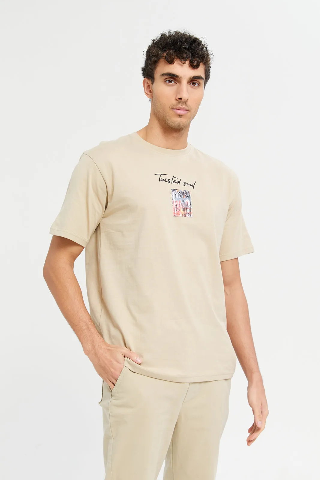 Men Beige Printed T-Shirt sold by Redtag
