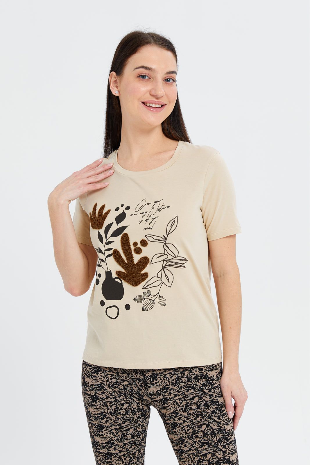 Women Beige Floral Embellished T-Shirt sold by Redtag