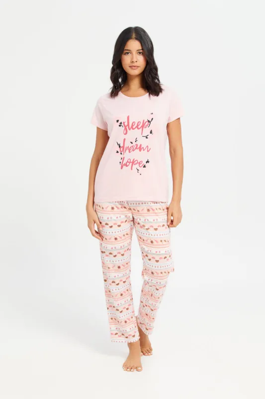 Women Pink Printed Round Neck Pyjama Set (2 Piece) sold by Redtag