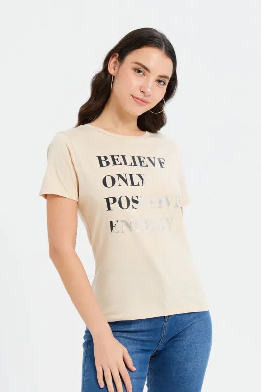 Women Beige Foil Printed T-Shirt sold by Redtag