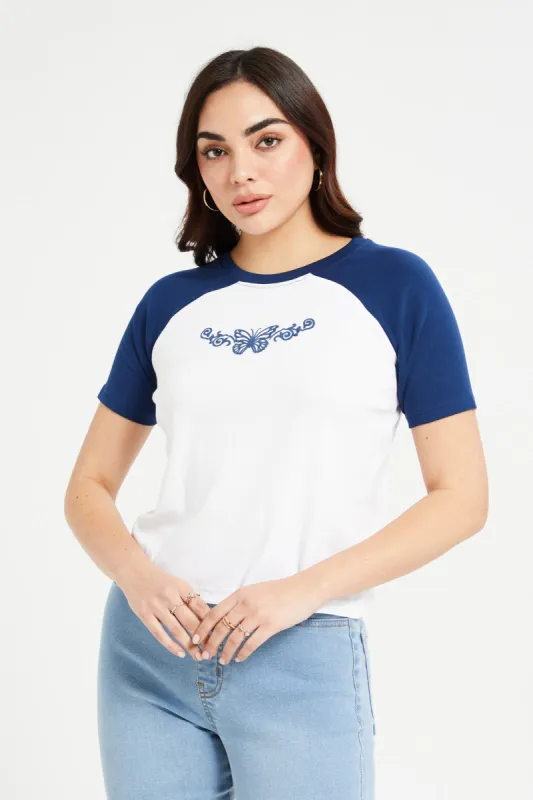 Women Blue And White Raglan Printed T-Shirt sold by Redtag