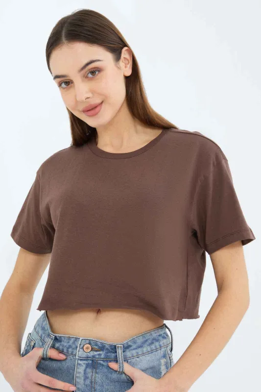 Women Brown Boxy Cropped Tee sold by Redtag