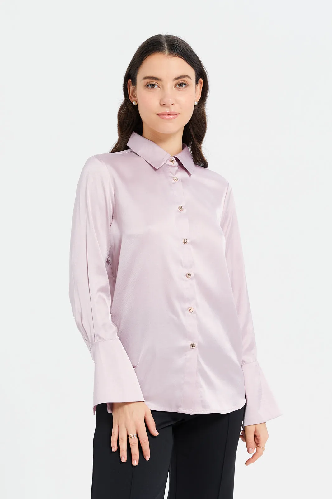 Women Lilac Wide Cuff Detailed Satin Shirt sold by Redtag