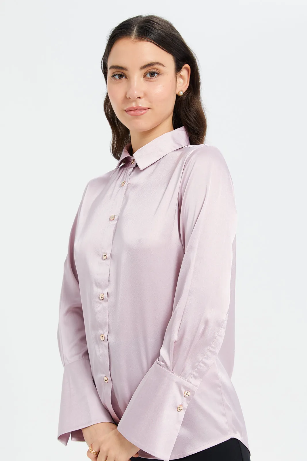 Women Lilac Wide Cuff Detailed Satin Shirt sold by Redtag product image thumbnail 4