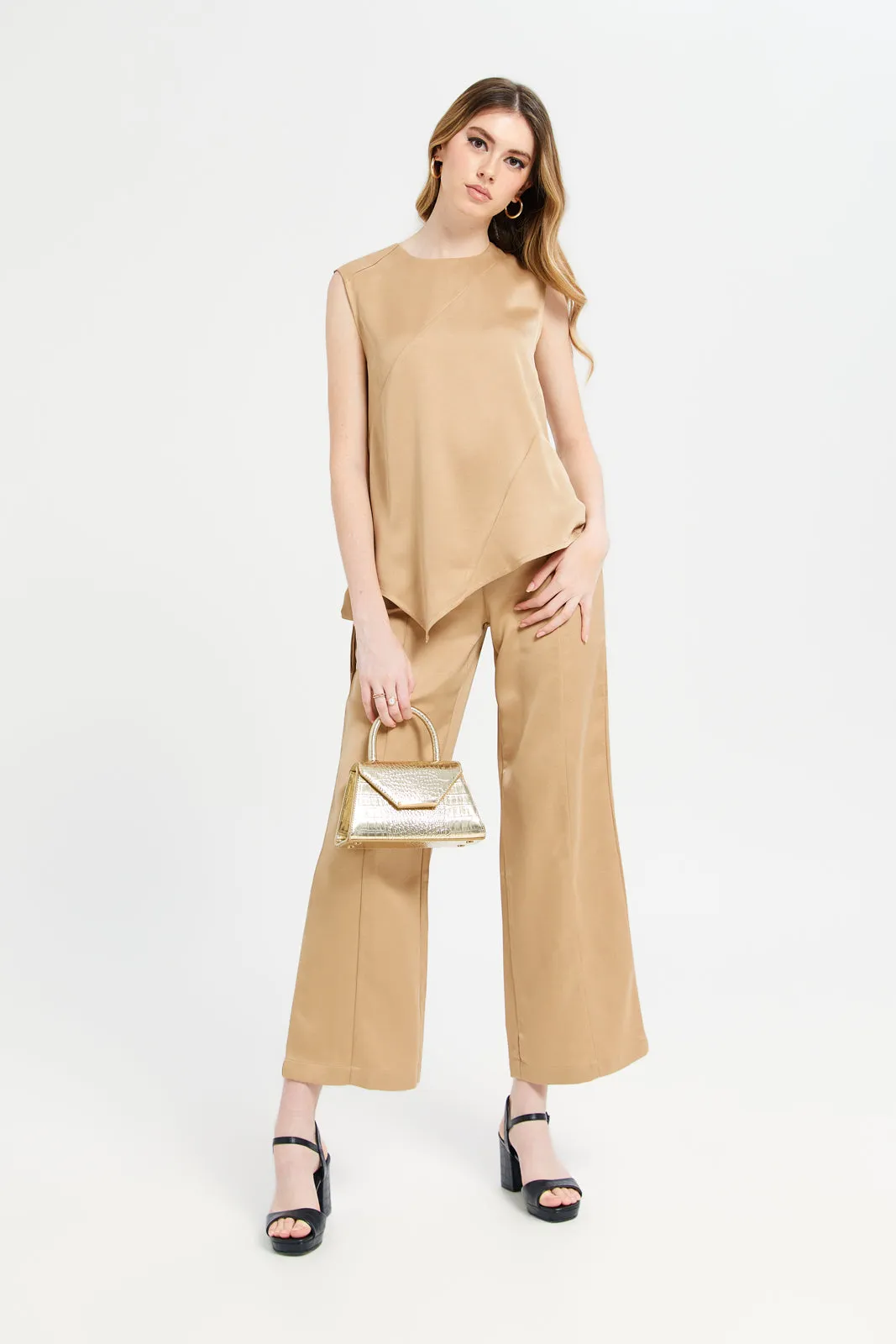 Women Beige Satin High Waisted Wide Leg Pant sold by Redtag product image thumbnail 2