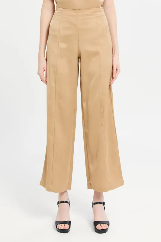 Women Beige Satin High Waisted Wide Leg Pant sold by Redtag