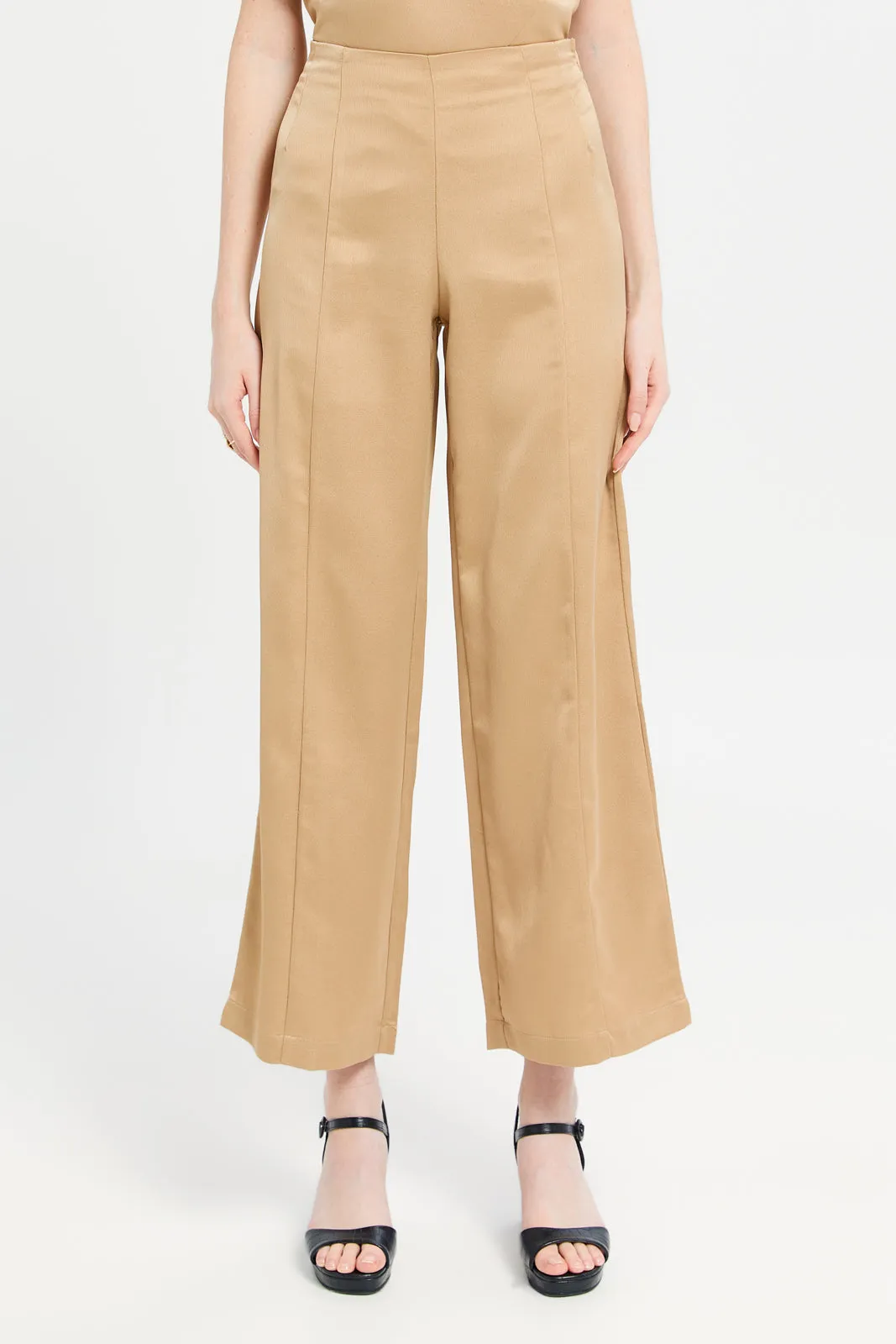 Women Beige Satin High Waisted Wide Leg Pant sold by Redtag