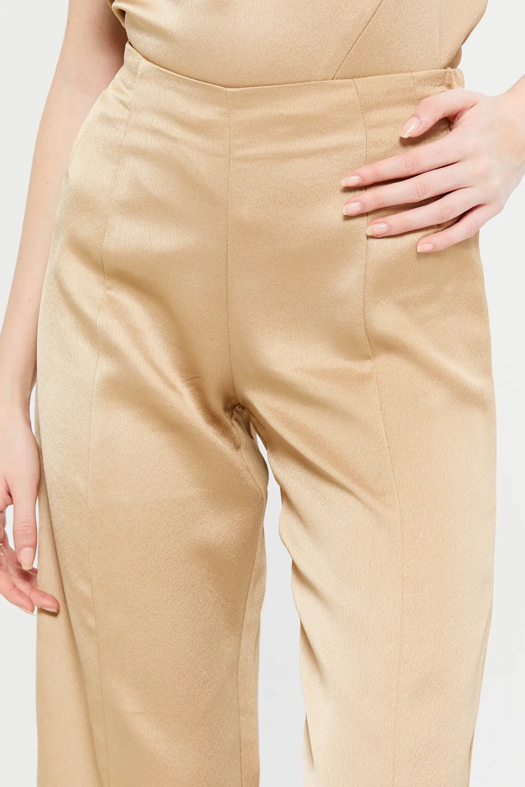 Women Beige Satin High Waisted Wide Leg Pant sold by Redtag product image thumbnail 4