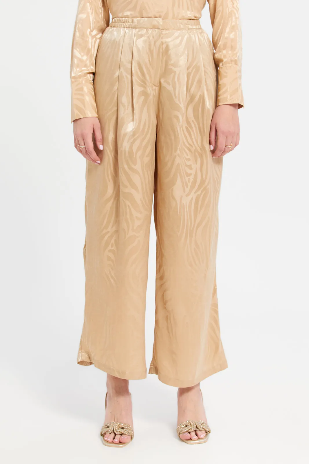 Women Beige Satin Jacquard Trousers sold by Redtag