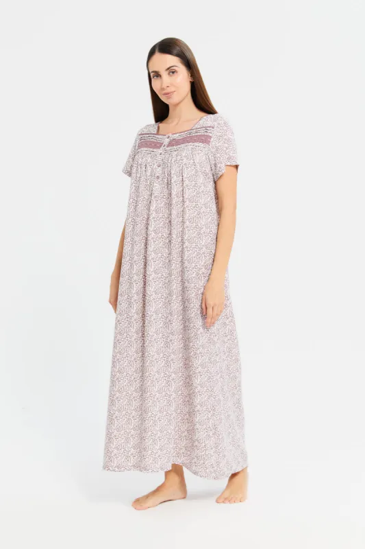 Women Beige Printed Lace Detailed Nightgown sold by Redtag