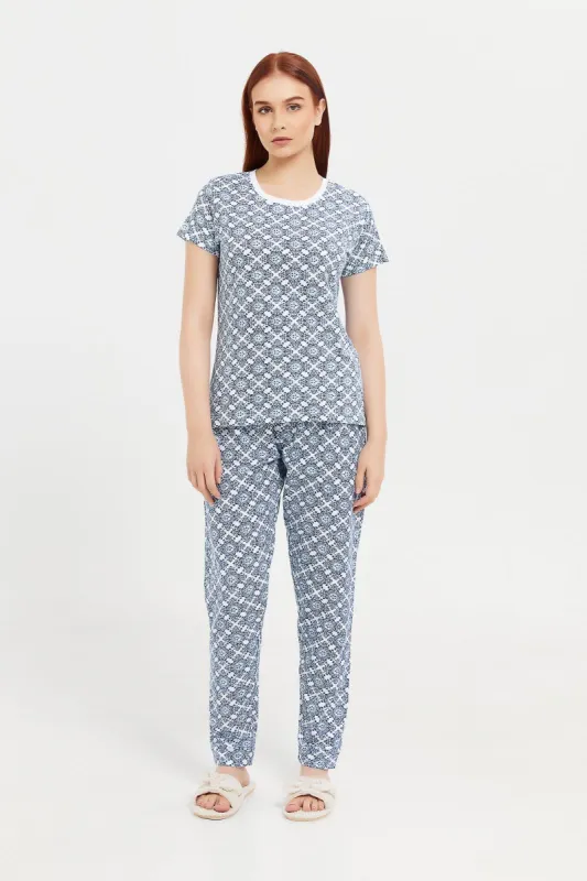 Women White And Blue Printed Pajama Set (2 Piece) sold by Redtag