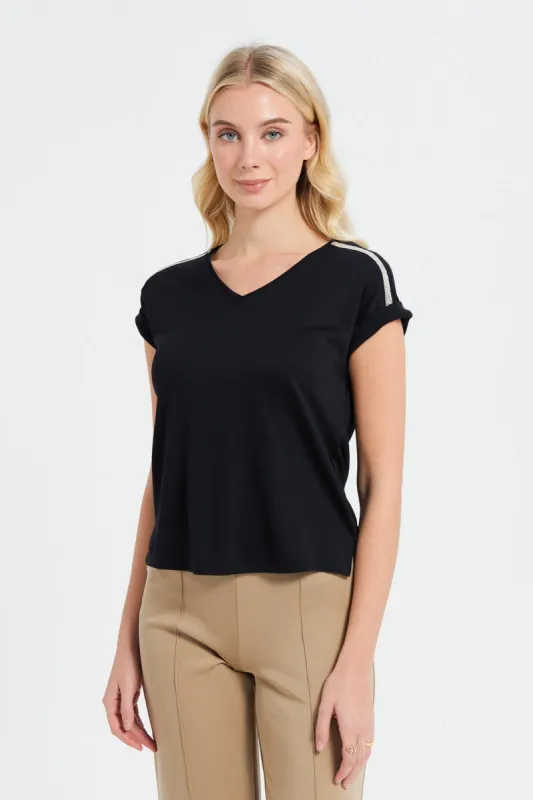 Women Black Embellished Jersey Top sold by Redtag