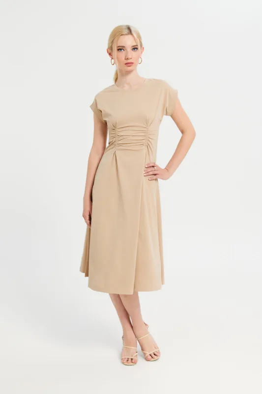 Women Beige A-Line Waist Elastic Detailed Dress sold by Redtag