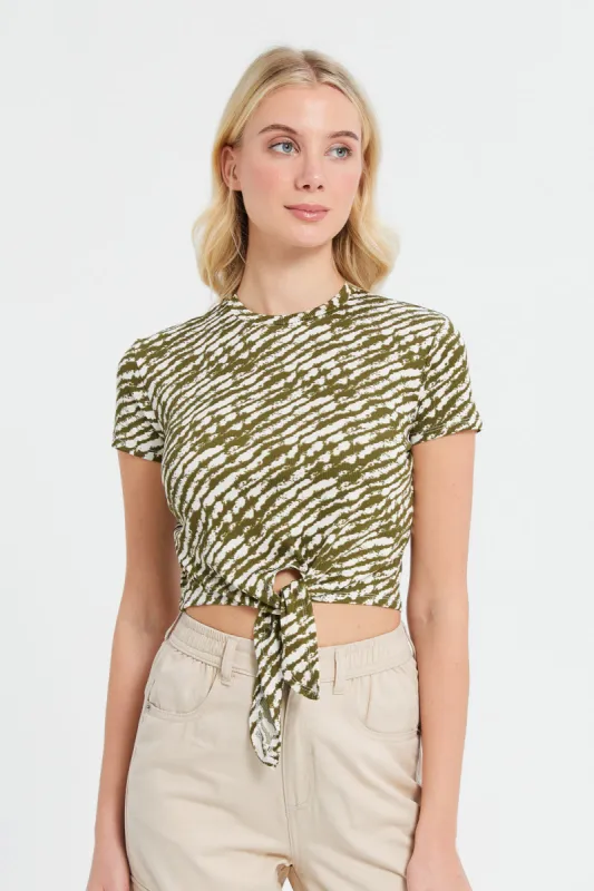 Woman Olive And Beige Printed Rib Top sold by Redtag