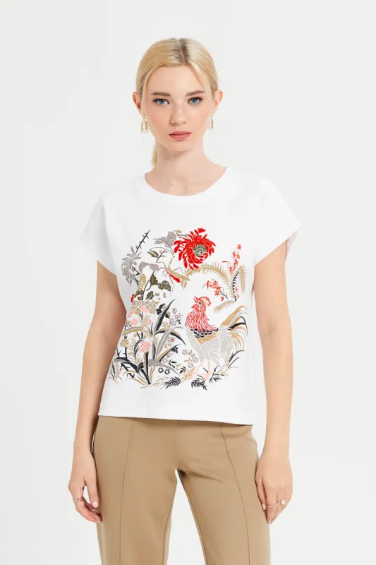 Women White Embroidered T-Shirt made by Redtag