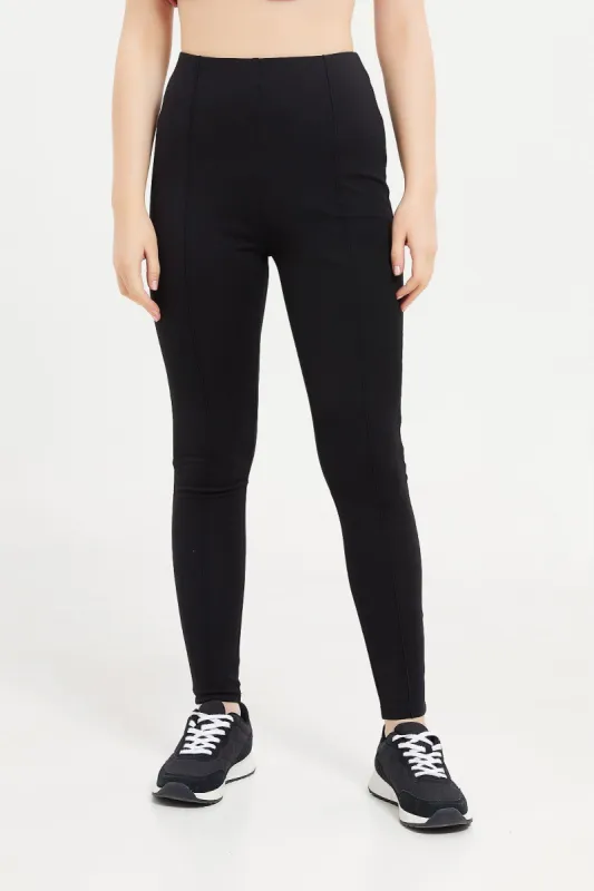 Women Black Ponte Legging With Front Pleat sold by Redtag