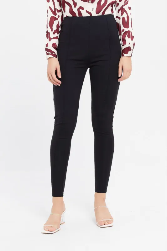 Women Black Ponte Legging With Front Pleat sold by Redtag