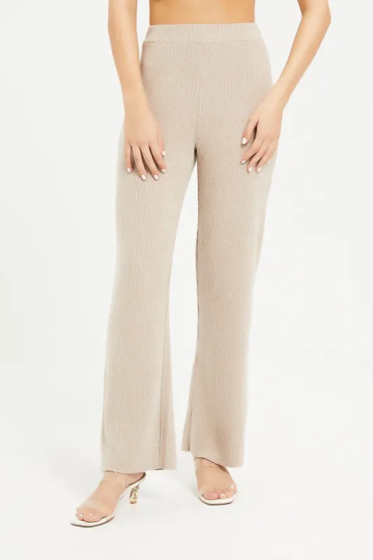 Women Beige Elasticated Waist Rib Wide Leg Trouser sold by Redtag