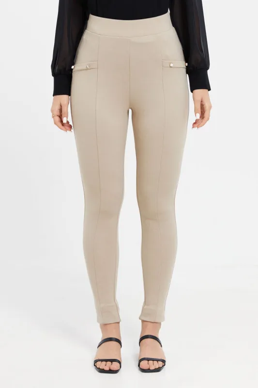 Women Beige Double Button Leggings sold by Redtag